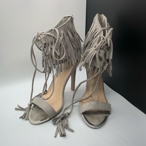 Qupid Gray Suede Tassel Wrap Fringe Heels (USED)